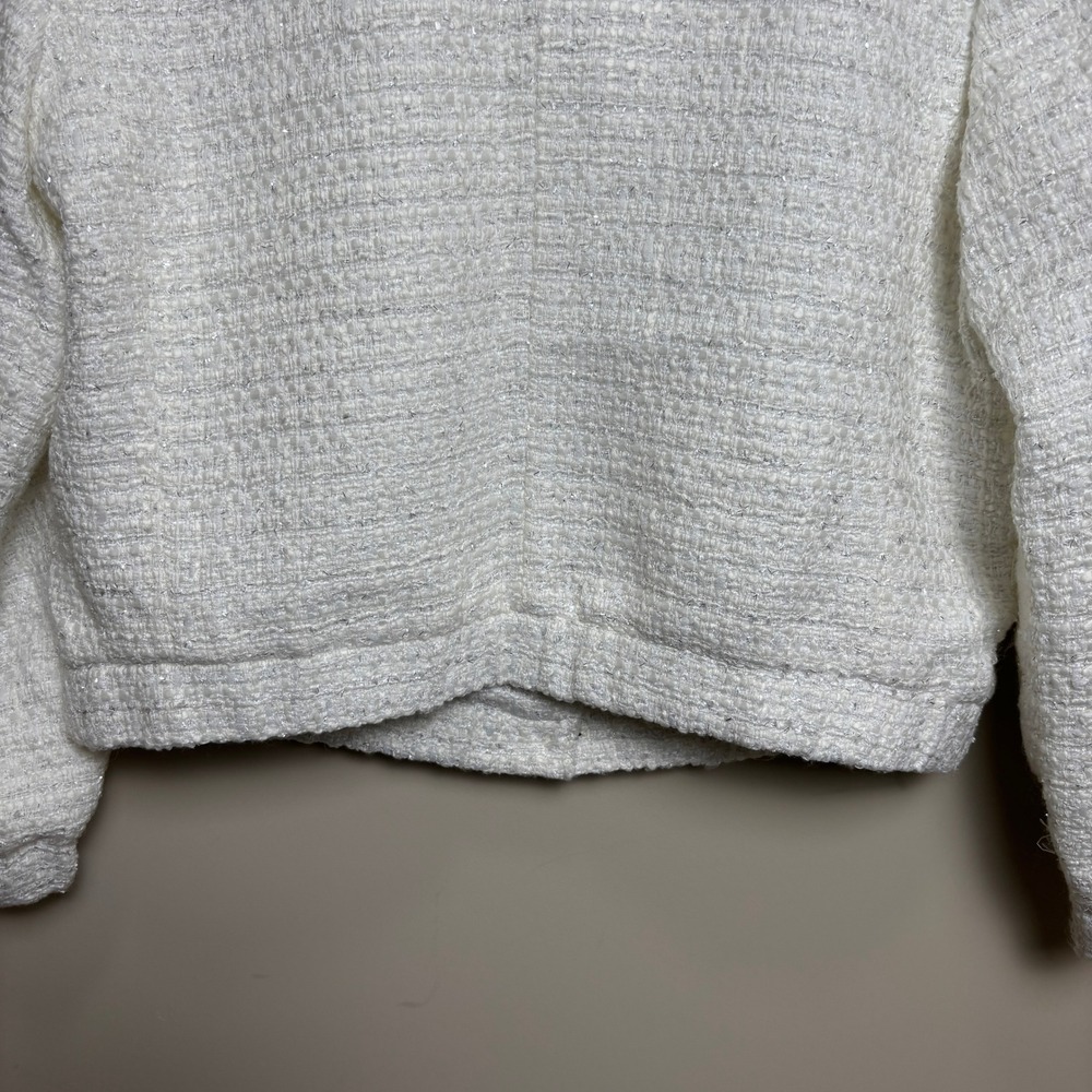 Talbots Petite Metallic Boucle Crop Silver Button Tweed Bomber Jacket Womens MP - Picture 7 of 9